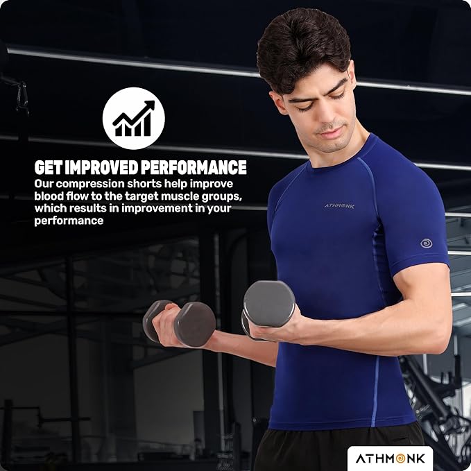 Athmonk Compression T-Shirt Vest Body Shaper Half Sleeve for Men Boys Branded - Nylon Lycra Fabric - Workout Gym Cricket Football Sports Training - Keep Dry Tight Skin Fit - Round Neck